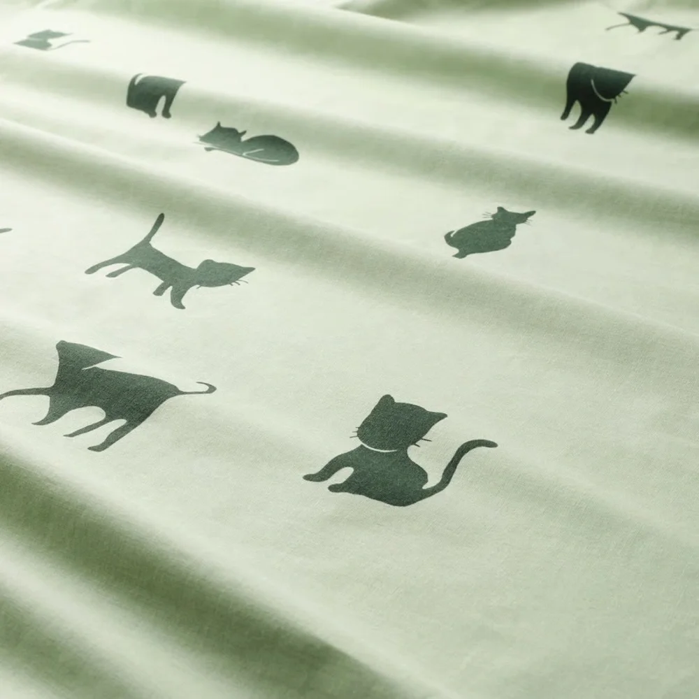 Green Cat Print Bedding Set - Duvet Cover & Pillowcase
